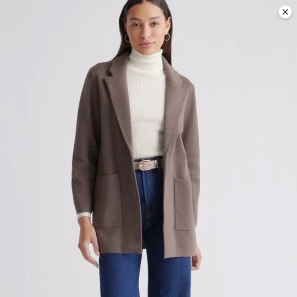 Quince Sweaters - QUINCE 100% Organic Cotton Knit Blazer M Taupe Brown Pockets Classic Minimalist